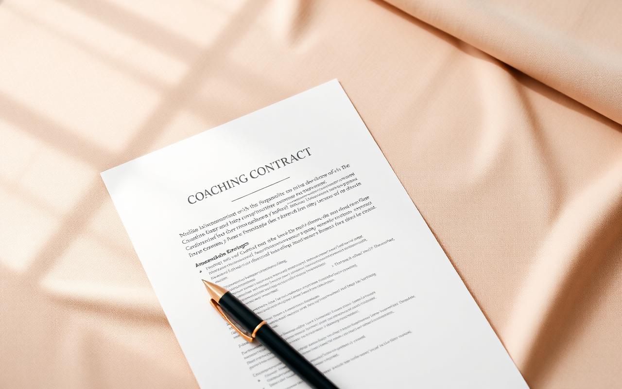 Printed coach contract template and pen on a warm linen desk