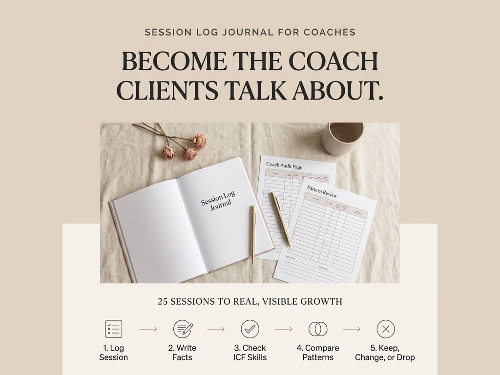 Coaching Session Log Journal and Template, 25 session ICF coaching log, PDF cover.