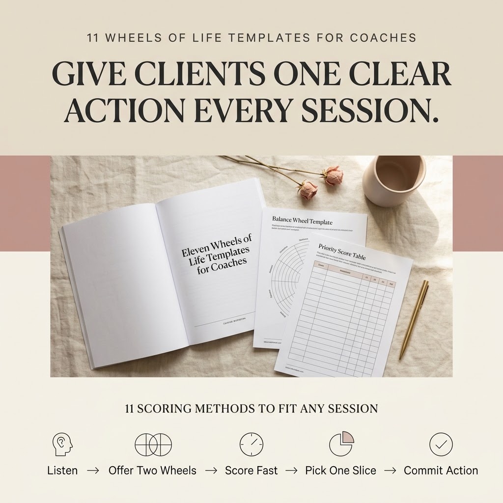 Eleven Wheels of Life Templates for Coaches, editable Canva and Google Doc wheel templates.